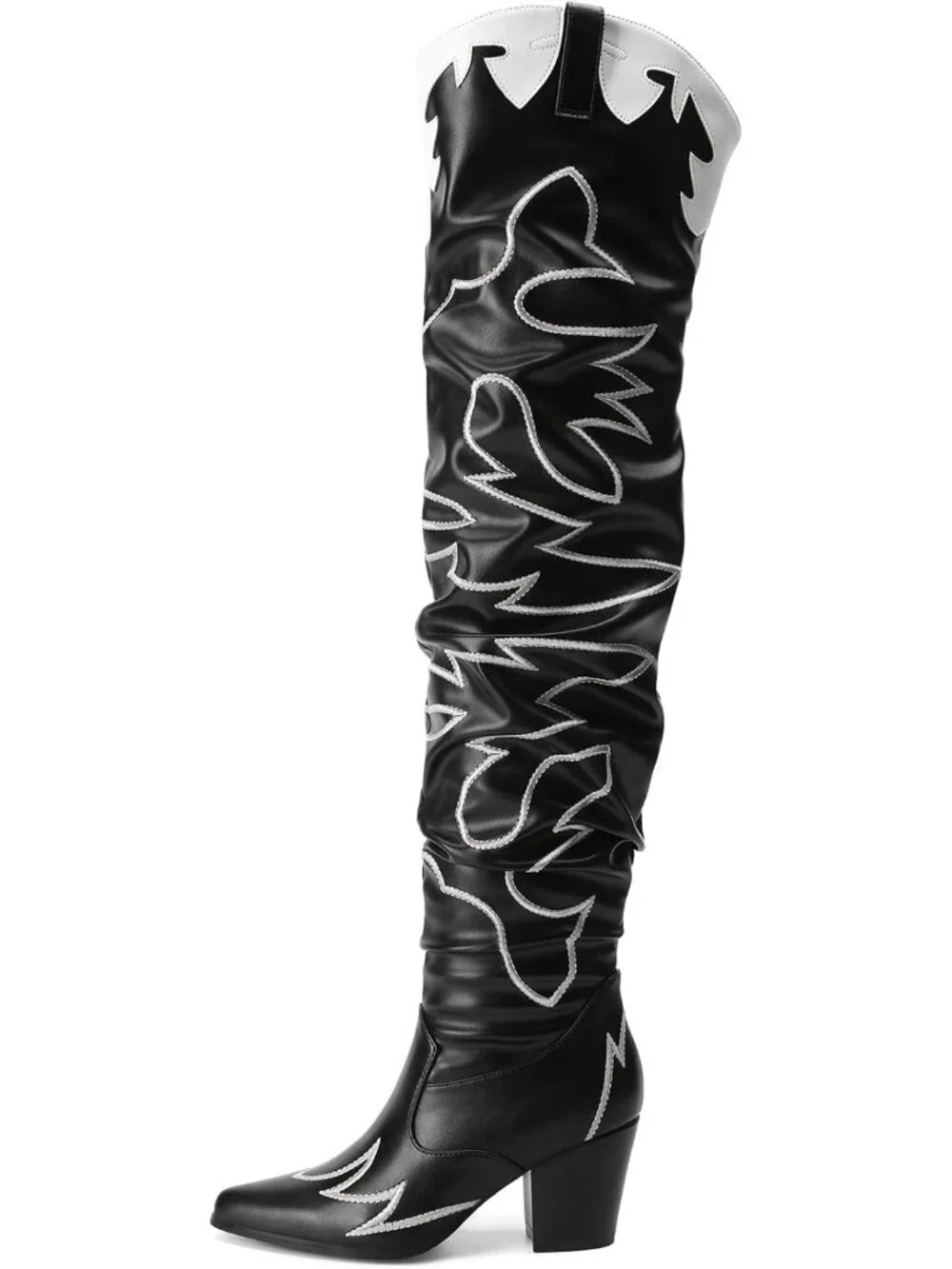 Women's Black Faux Leather Embroidery Slouchy Shaft Chunky Heel Knee High Boots